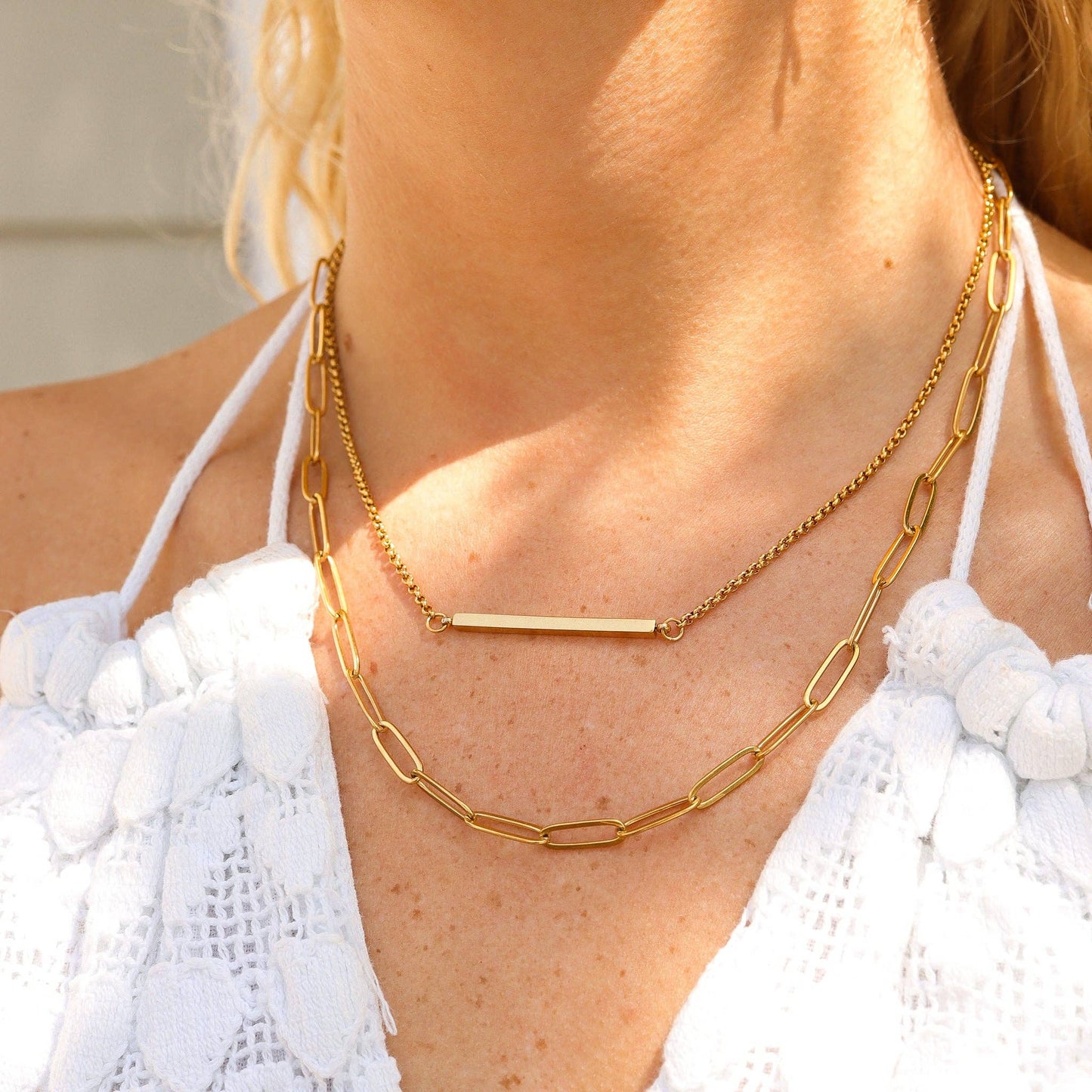 18K Gold PVD Stainless Steel Paperclip Layered Blank Bar Necklace: Gold