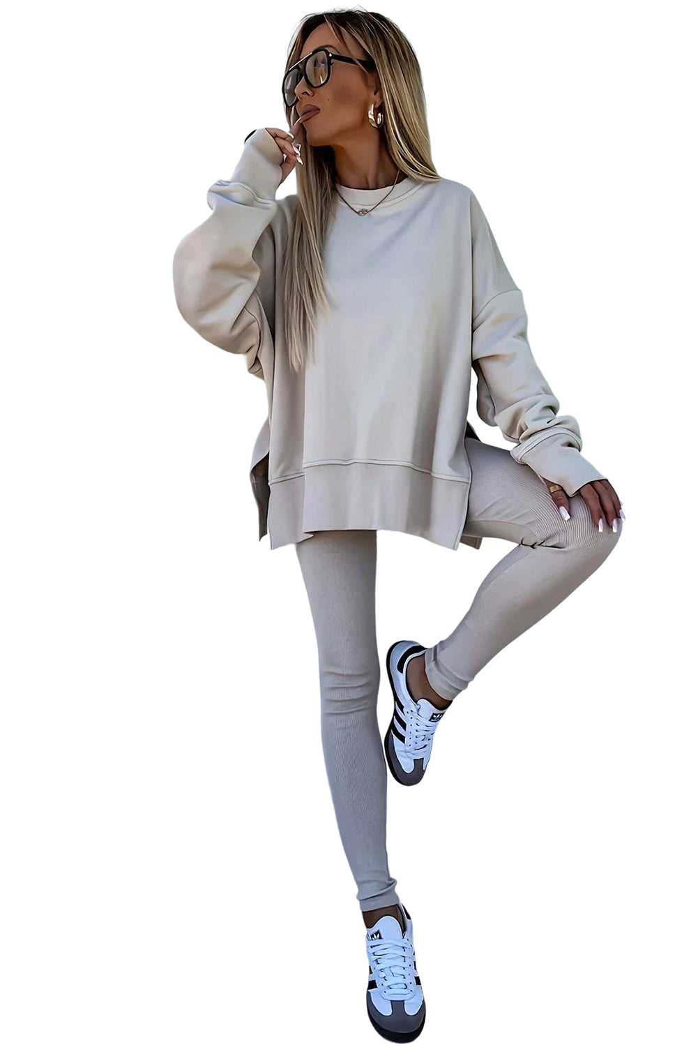 Jet Stream Solid Color Oversize Slit Sweatshirt Ribbed Leggings Set