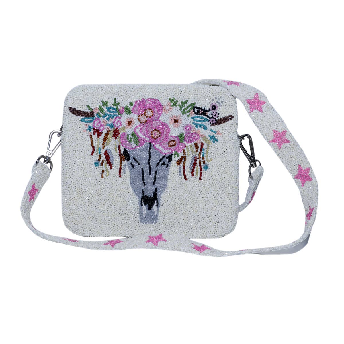 Floral Longhorn Skull Beaded Crossbody