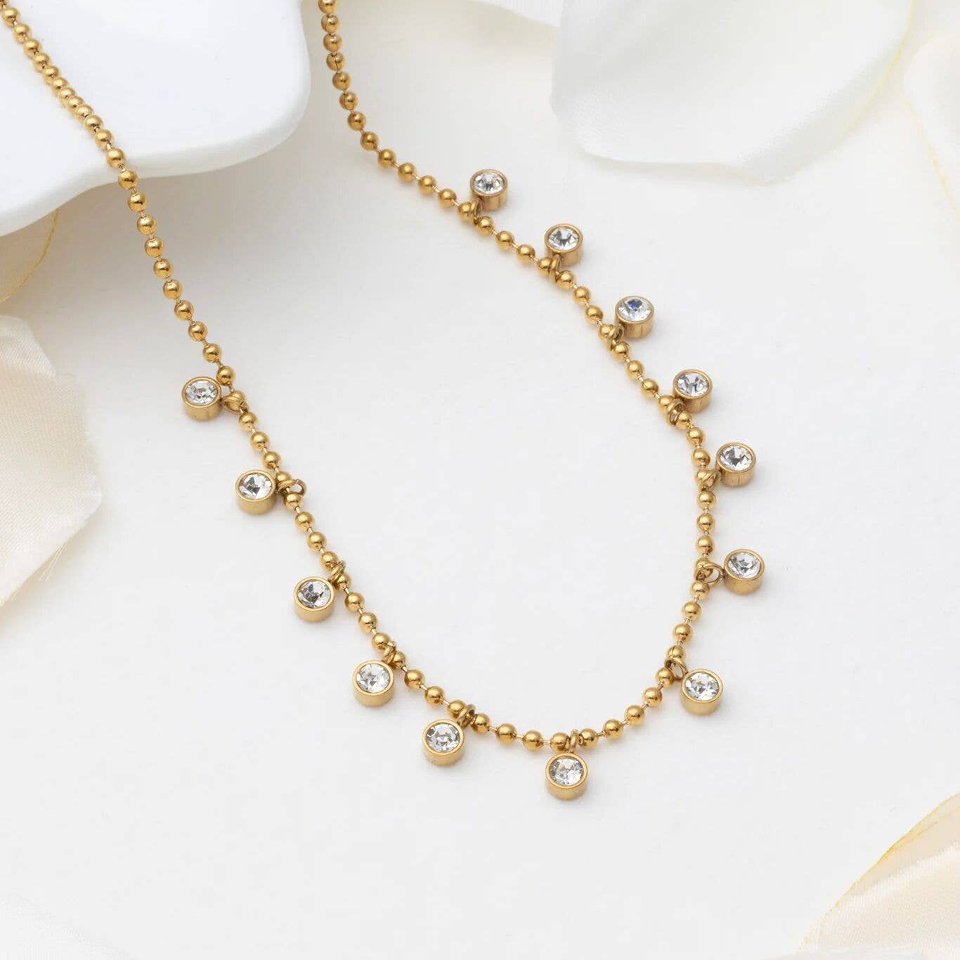 18K Gold PVD Stainless Steal Round Stone Dangle Necklace: Gold