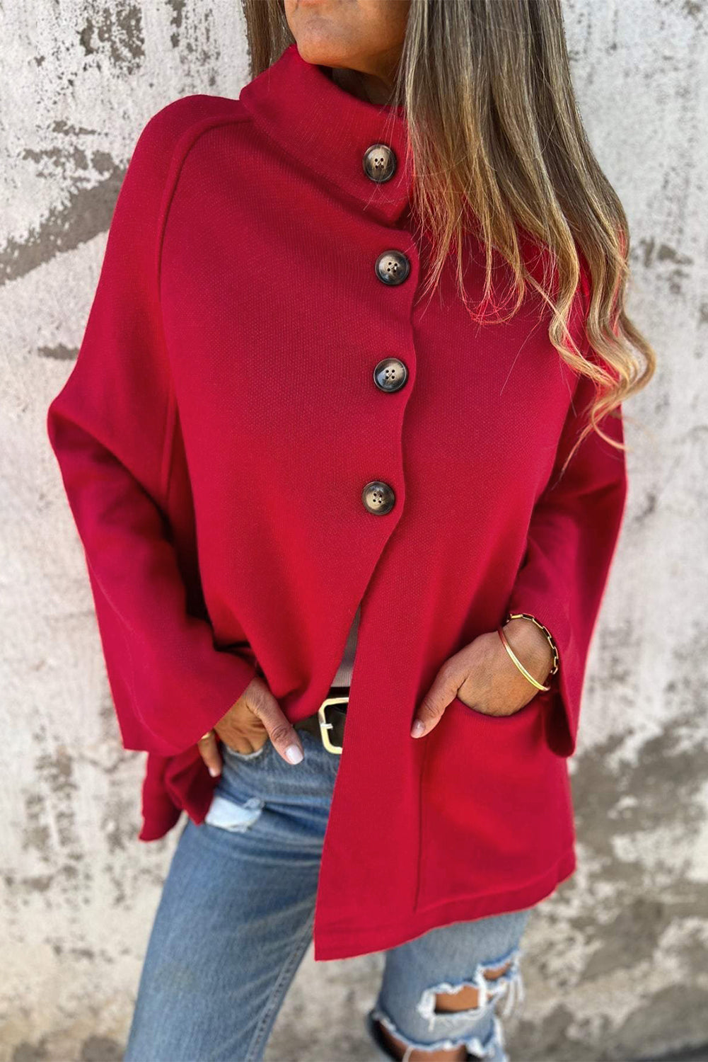 Fiery Red Solid Color Mock Collar Loose Jacket