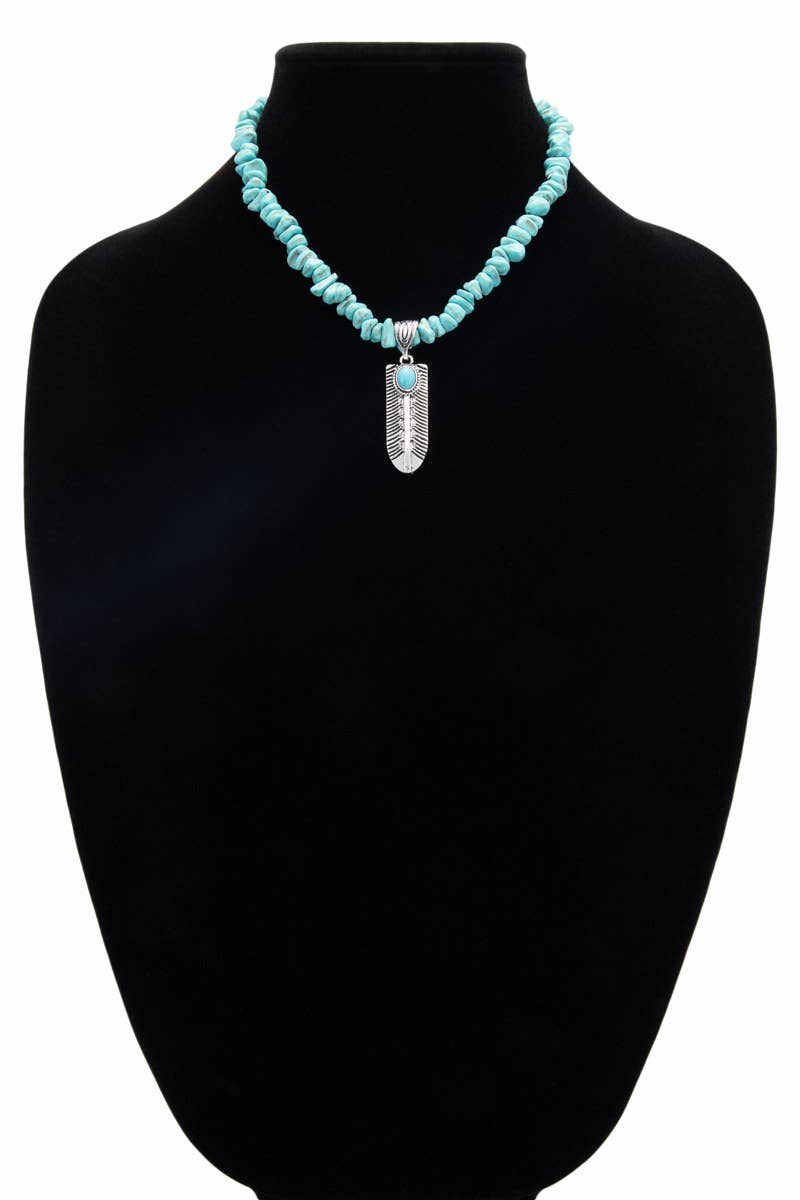Semi Stone Feather Pendant Necklace: Turquoise(TQS) / OS