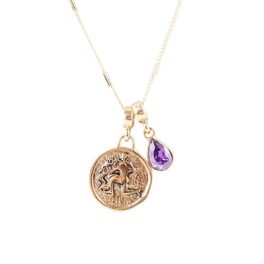 Aquarius - Zodiac Purple Amethyst Golden Charm Necklace