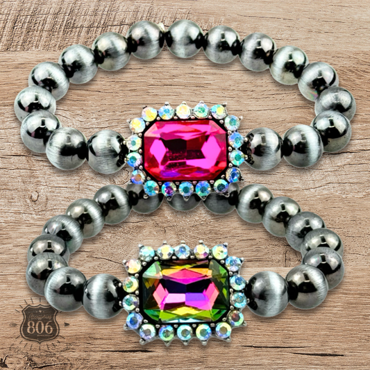 Navajo style burnished beaded bracelet, rhinestone charm