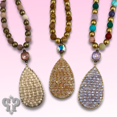 Woven bead pendant on stone bead necklace with Austrian crystal