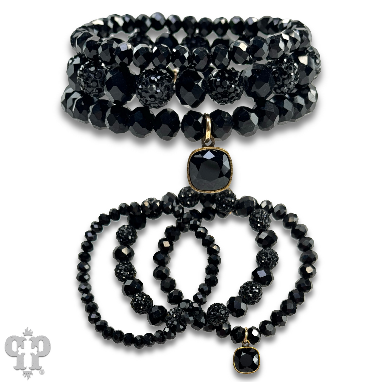 Pave ball and glossy glass bead bracelet with Austrian crystal