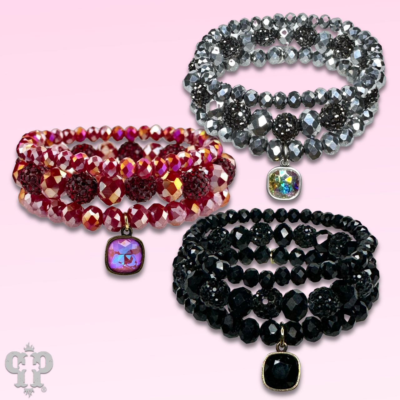 Pave ball and glossy glass bead bracelet with Austrian crystal