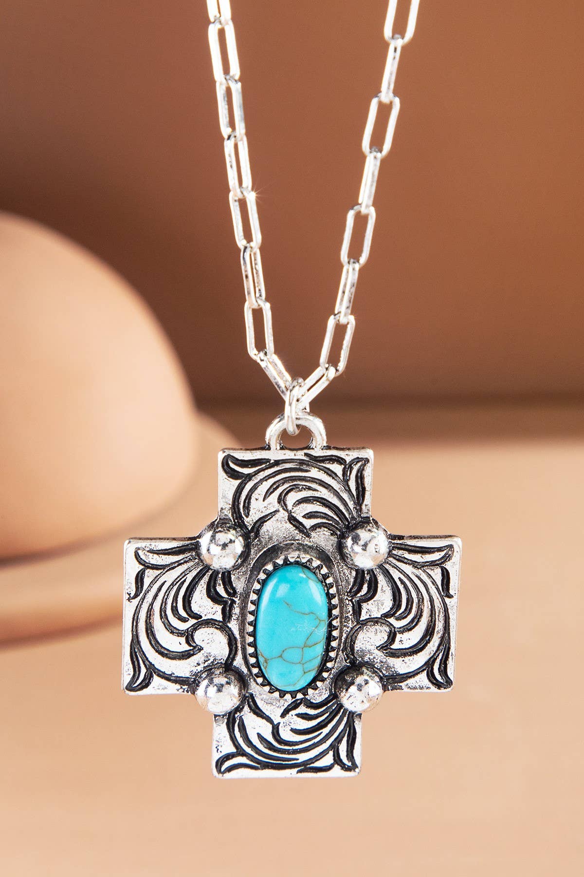 Stamped Cross Concho Turquoise Pendant Necklace: SBTQ-TURQUOISE