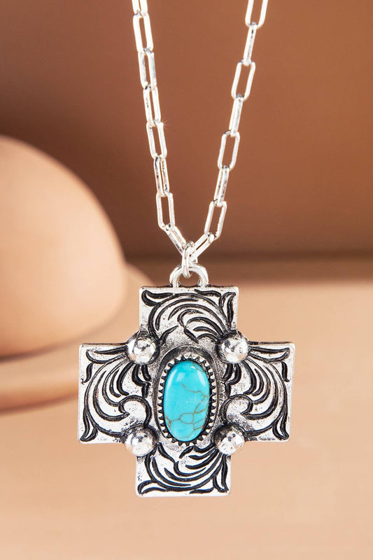 Stamped Cross Concho Turquoise Pendant Necklace: SBTQ-TURQUOISE