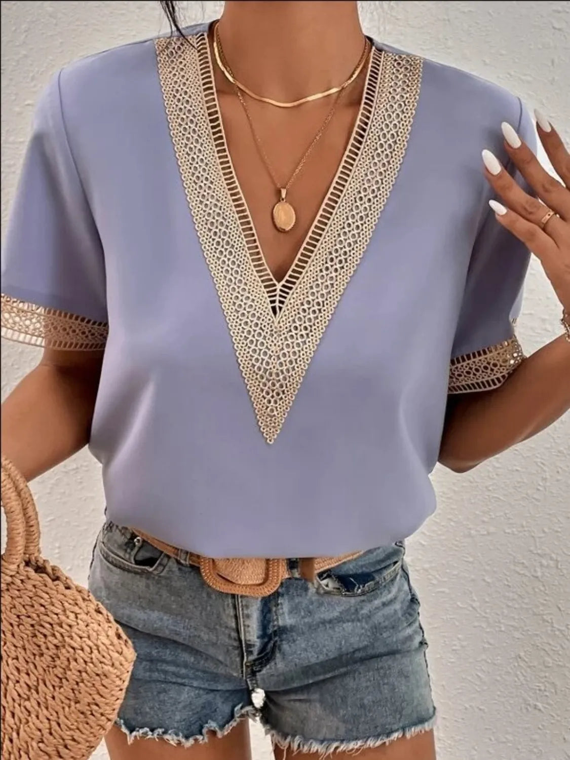 Full Size Contrast V-Neck Short Sleeve Blouse Plus Size