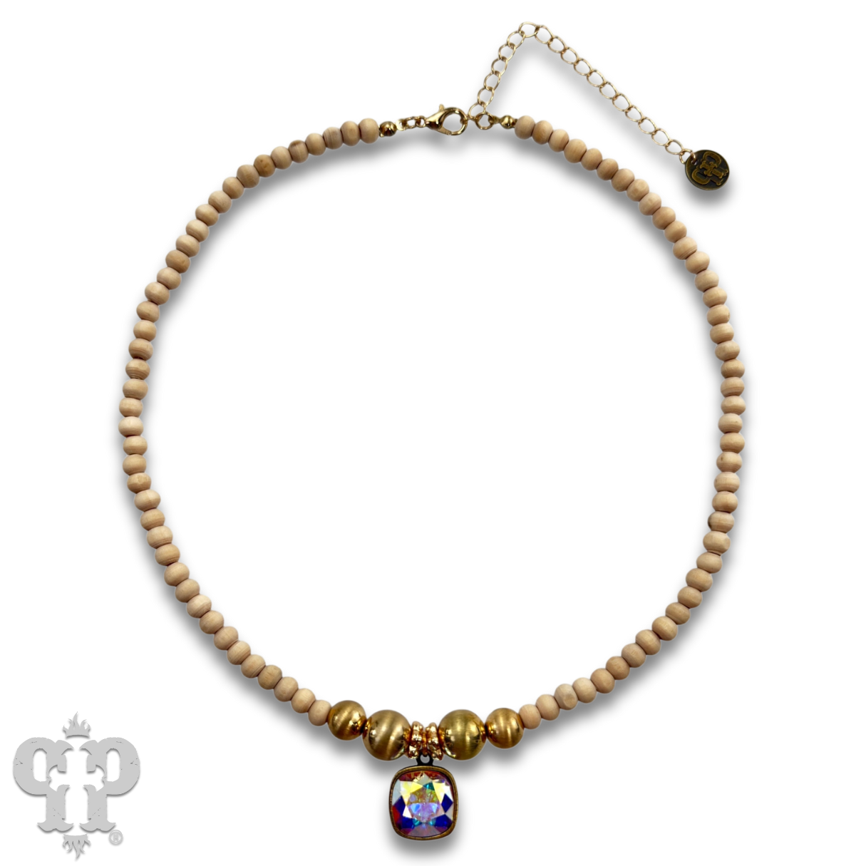 Round wood and brushed gold bead necklace with Austrian crystal