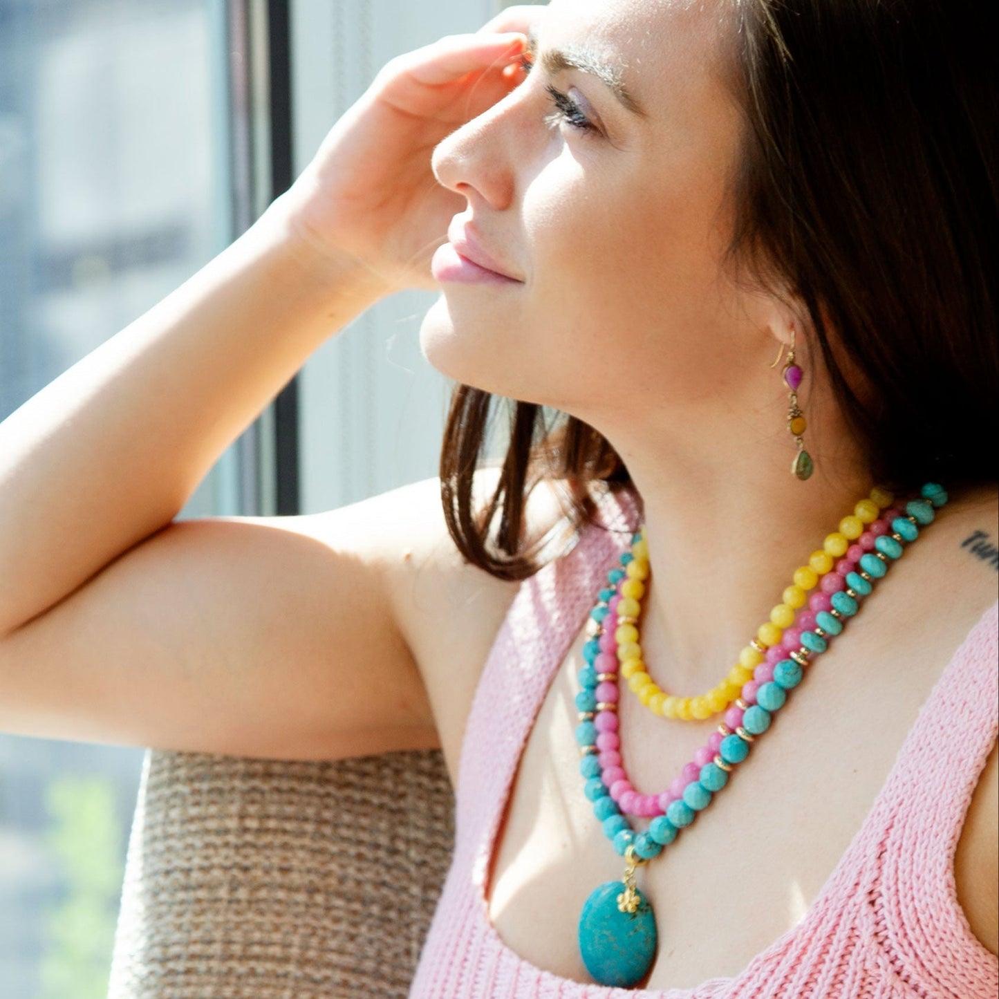 Barcelona Multistone Linear Golden Drop Earrings