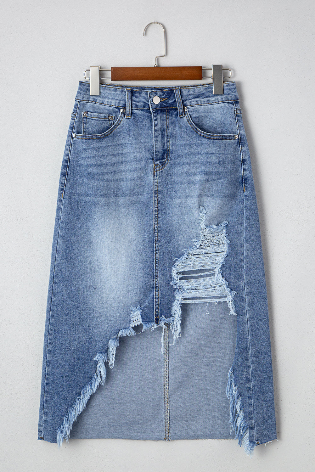 Alexis Irregular Distressed Bottom Denim Midi Skirt