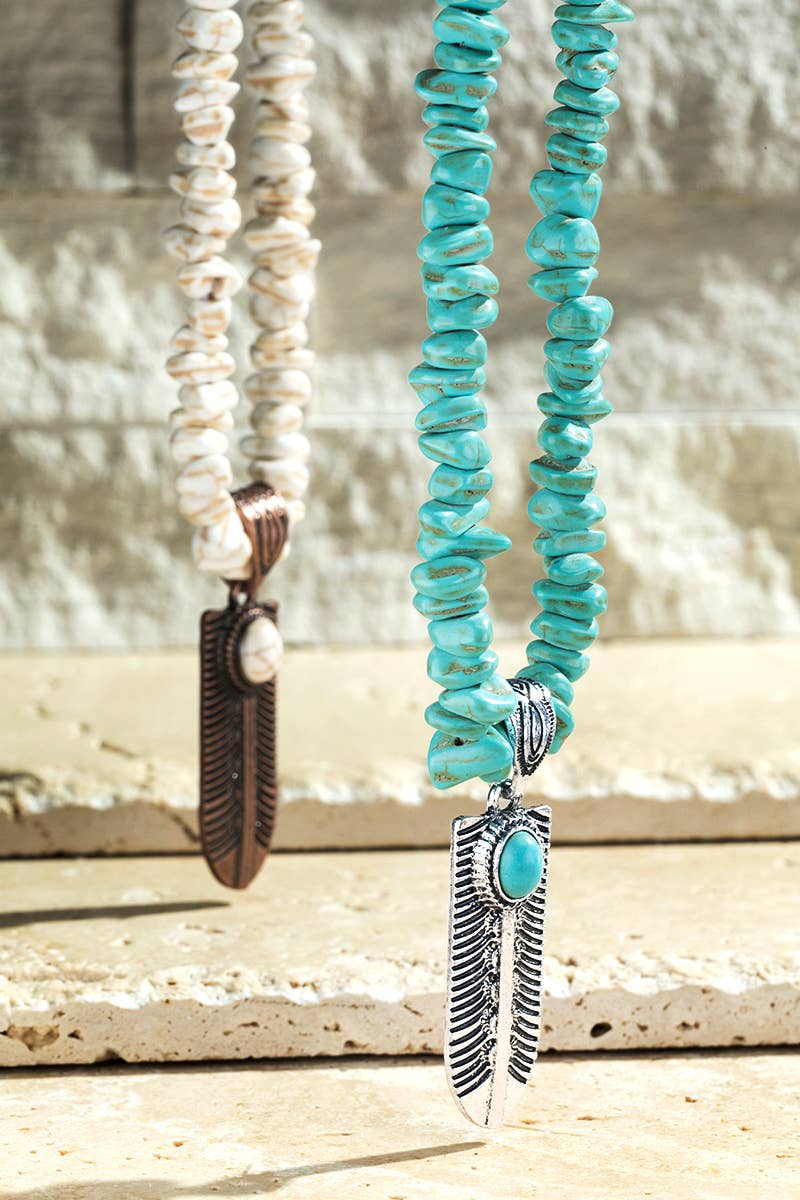 Semi Stone Feather Pendant Necklace: Turquoise(TQS) / OS