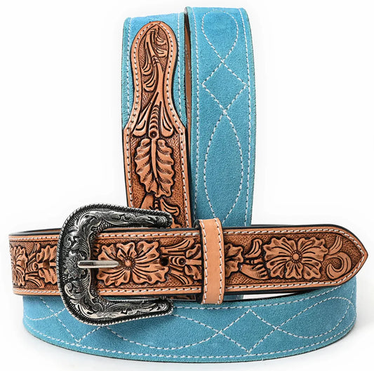 Western Stitch Genuine Suede & Hand Tooled Leather Belt -Turquoise