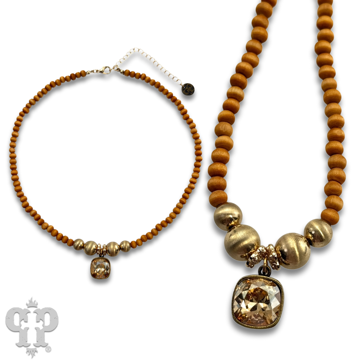 Round wood and brushed gold bead necklace with Austrian crystal