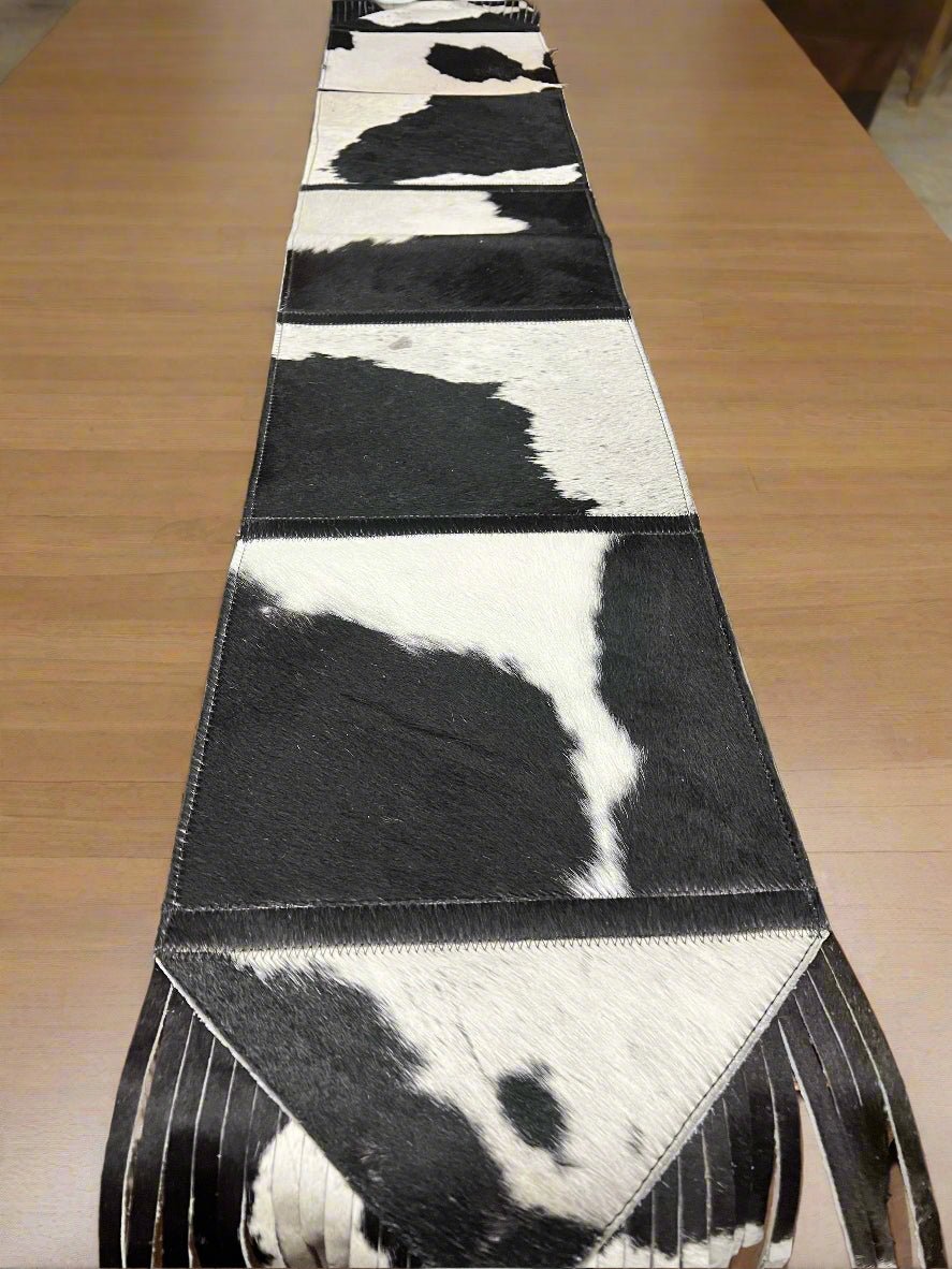 Black and White Cowhide Table Runner with Fringe