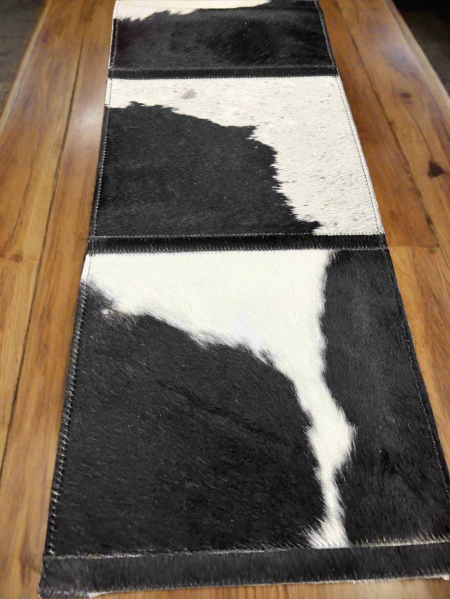 Black and White Cowhide Table Runner with Fringe