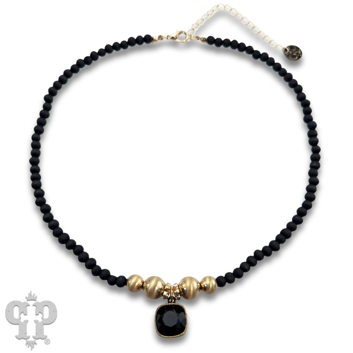 Round wood and brushed gold bead necklace with Austrian crystal