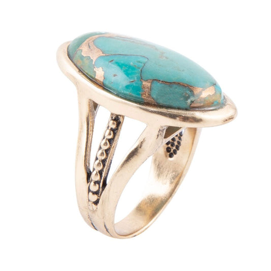Blue Turquoise and Bronze Matrix Golden Oval Ring