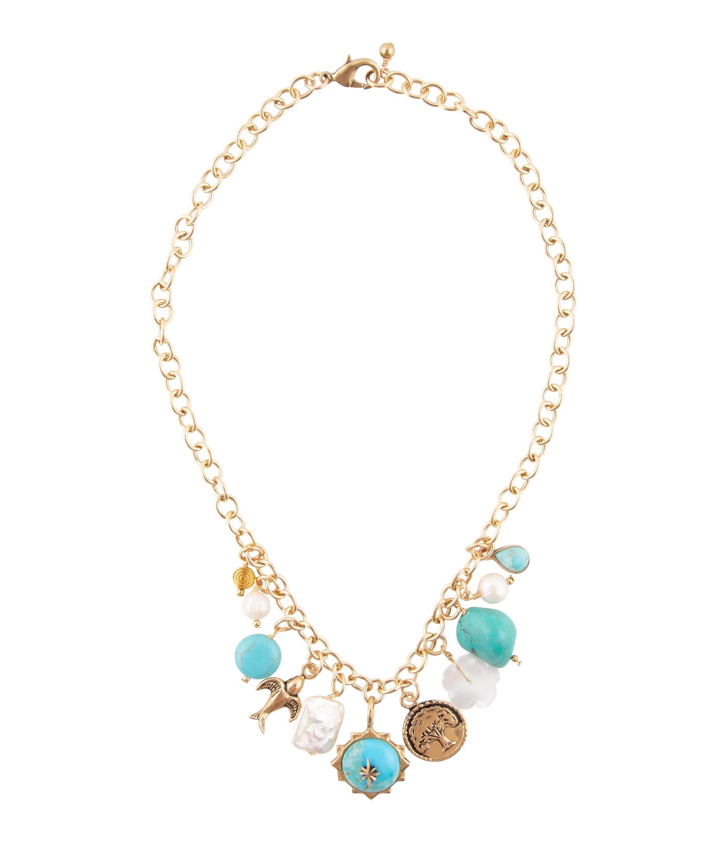 Blue Turquoise and White Pearl Multi Charm Golden Necklace