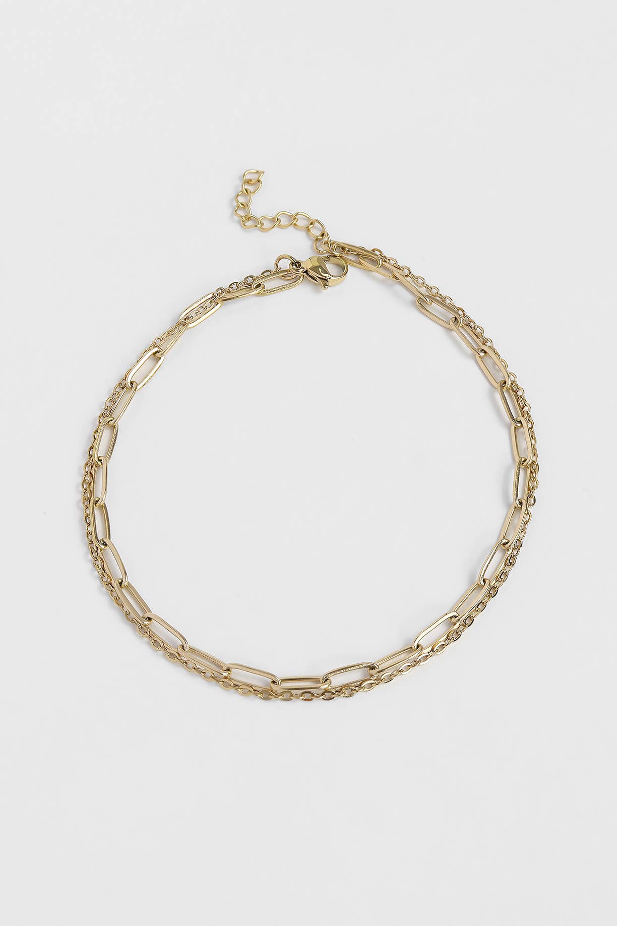 2 Row Stainless Steel Loop and Paperclip Chain Anklet: Gold
