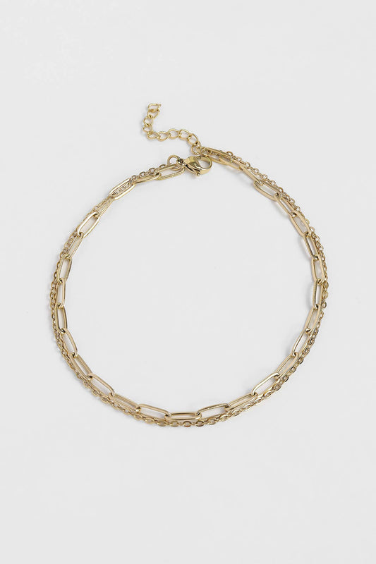 2 Row Stainless Steel Loop and Paperclip Chain Anklet: Gold