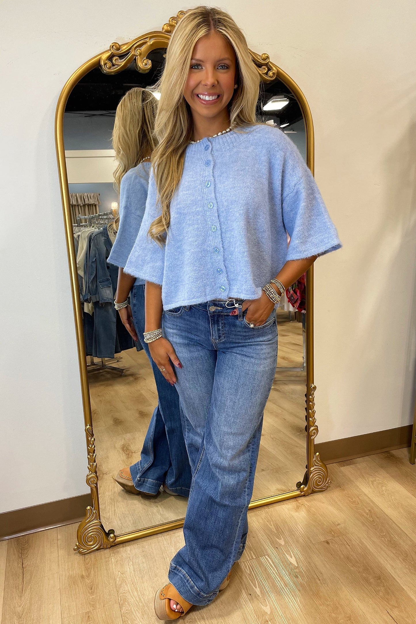 Beau Blue 3/4 Sleeve Boxy Knit Button Down Sweater Cardigan