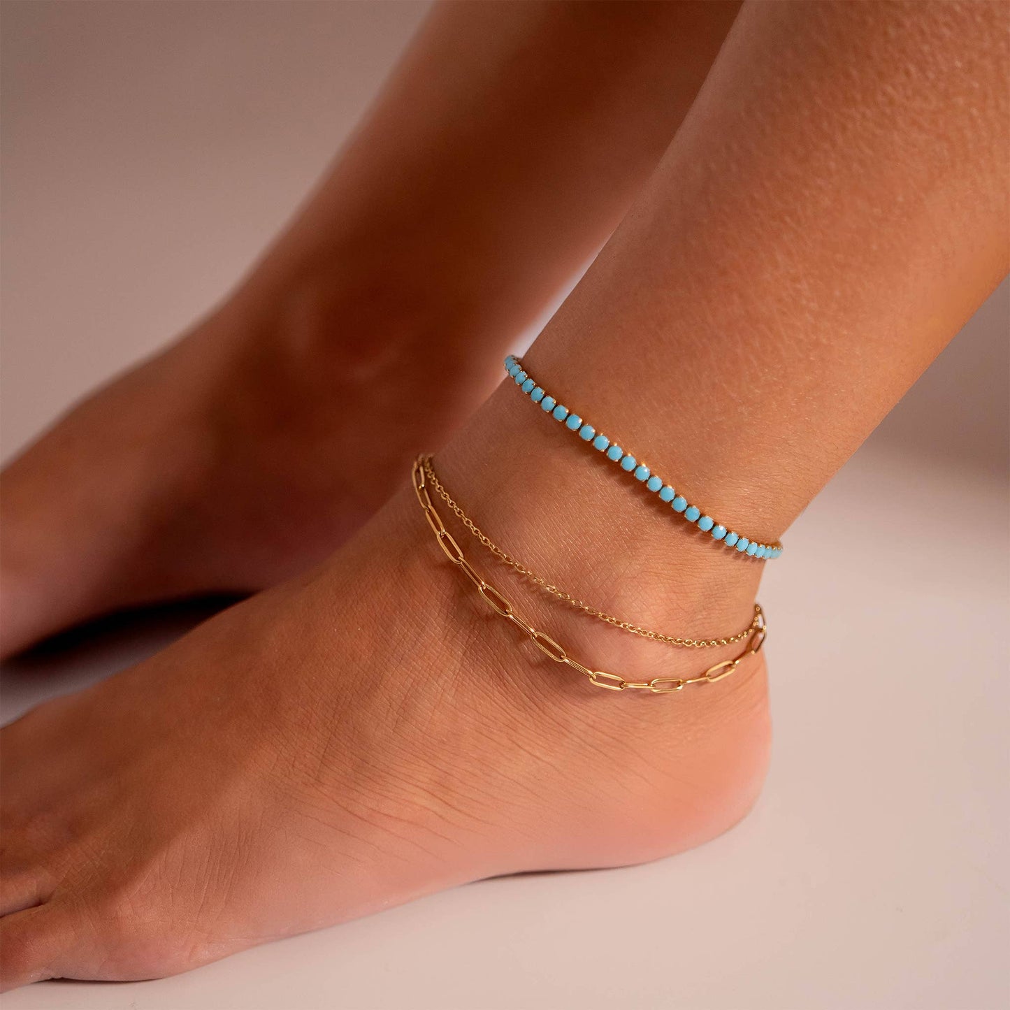 2 Row Stainless Steel Loop and Paperclip Chain Anklet: Gold