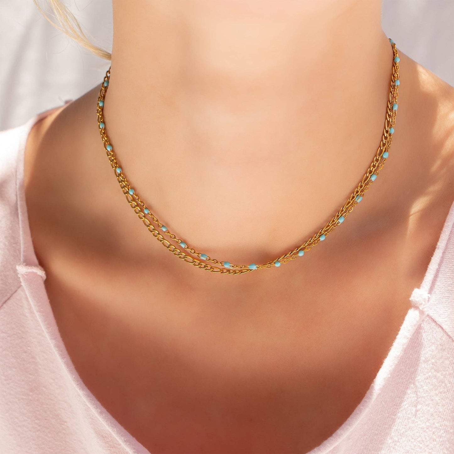 18K Gold Stainless Steel Turquoise Chain Necklace: Gold / 16+2"