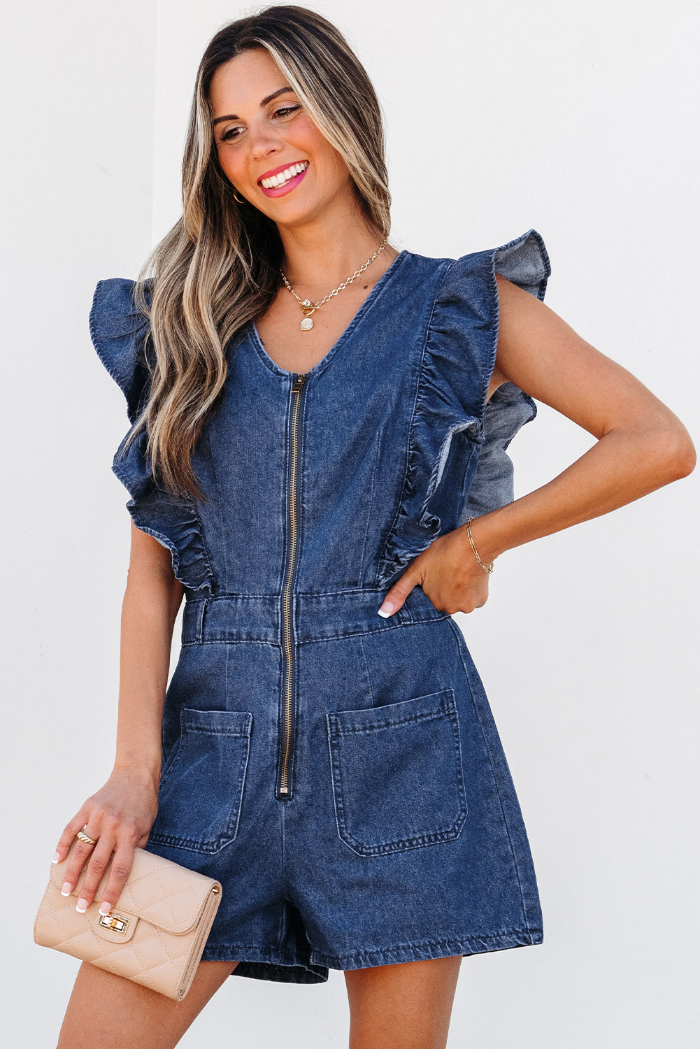 Denim Ruffle Sleeve Zip Front Belted Romper