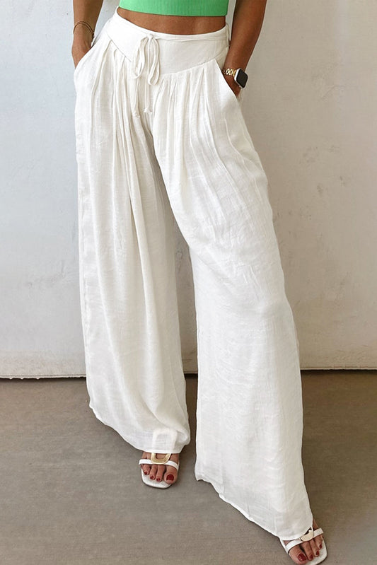 White Solid Pleated Loose Wide Leg Pants