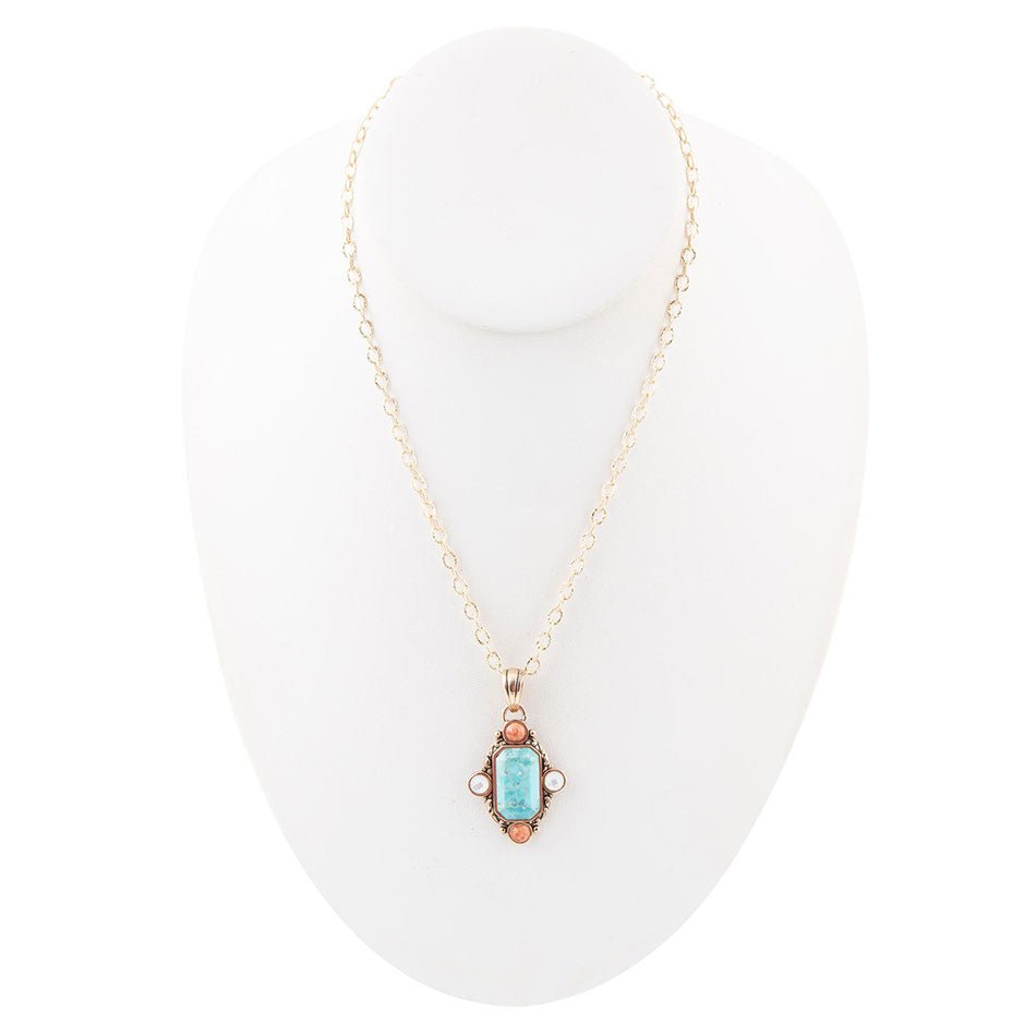 Champs Blue Turquoise and Orange Coral Golden Pendant Necklace
