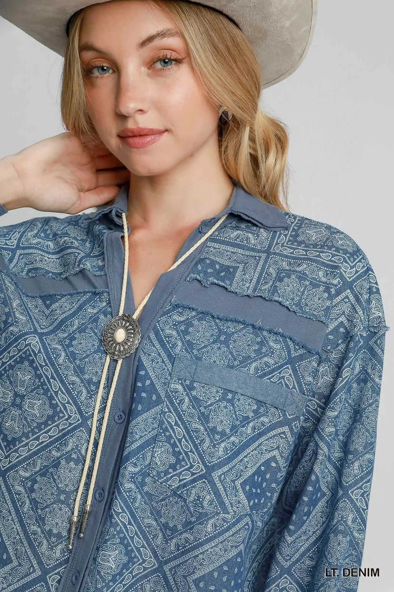 Umgee Paisley Print Denim Shirt Jacket