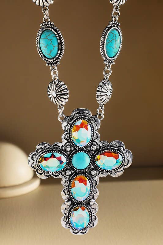 Western Turquoise Crystal Cross Necklace : CRYSTAL(SBTQAB) / OS