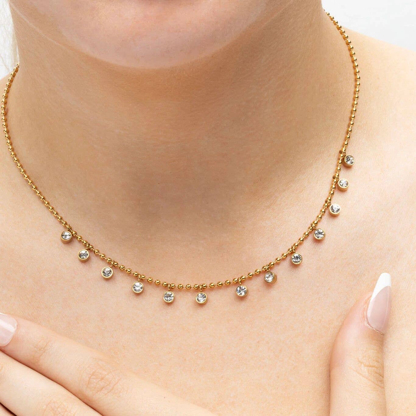 18K Gold PVD Stainless Steal Round Stone Dangle Necklace: Gold