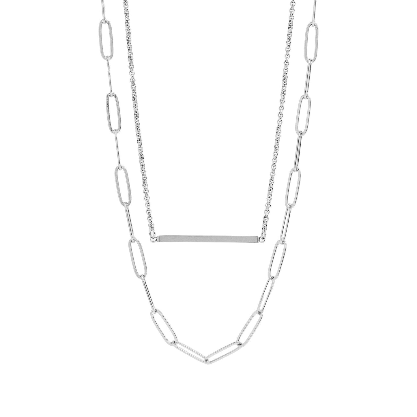 18K Gold PVD Stainless Steel Paperclip Layered Blank Bar Necklace: Gold