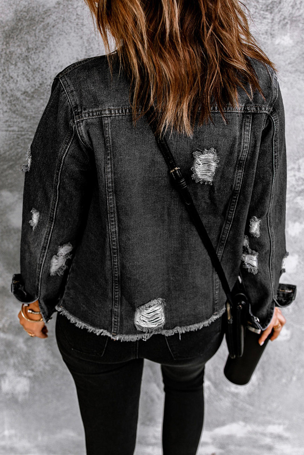 Denim Lapel Distressed Raw Hem Buttoned Jacket