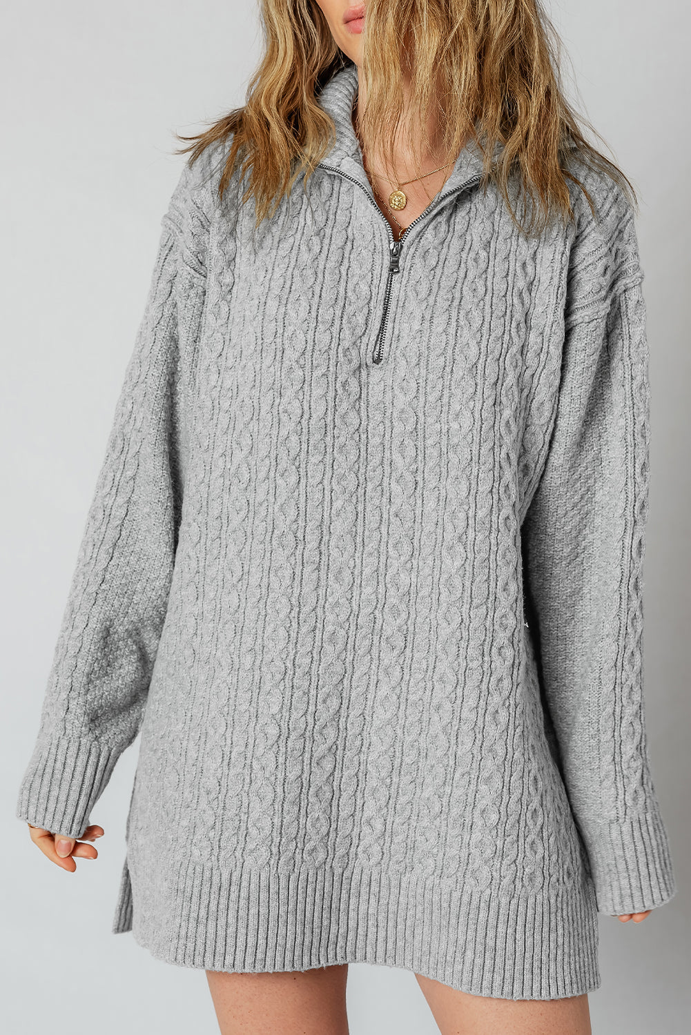 High Cable Knit Quarter Zip Ribbed Trim Loose Sweater Dress