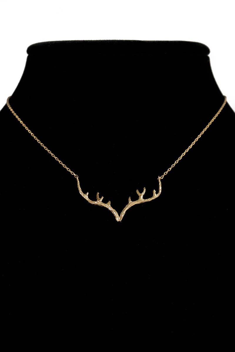 Brass Textured Metal Antler Short Necklace: Gold / OS