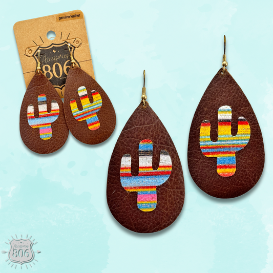Brown cactus print teardrop earring