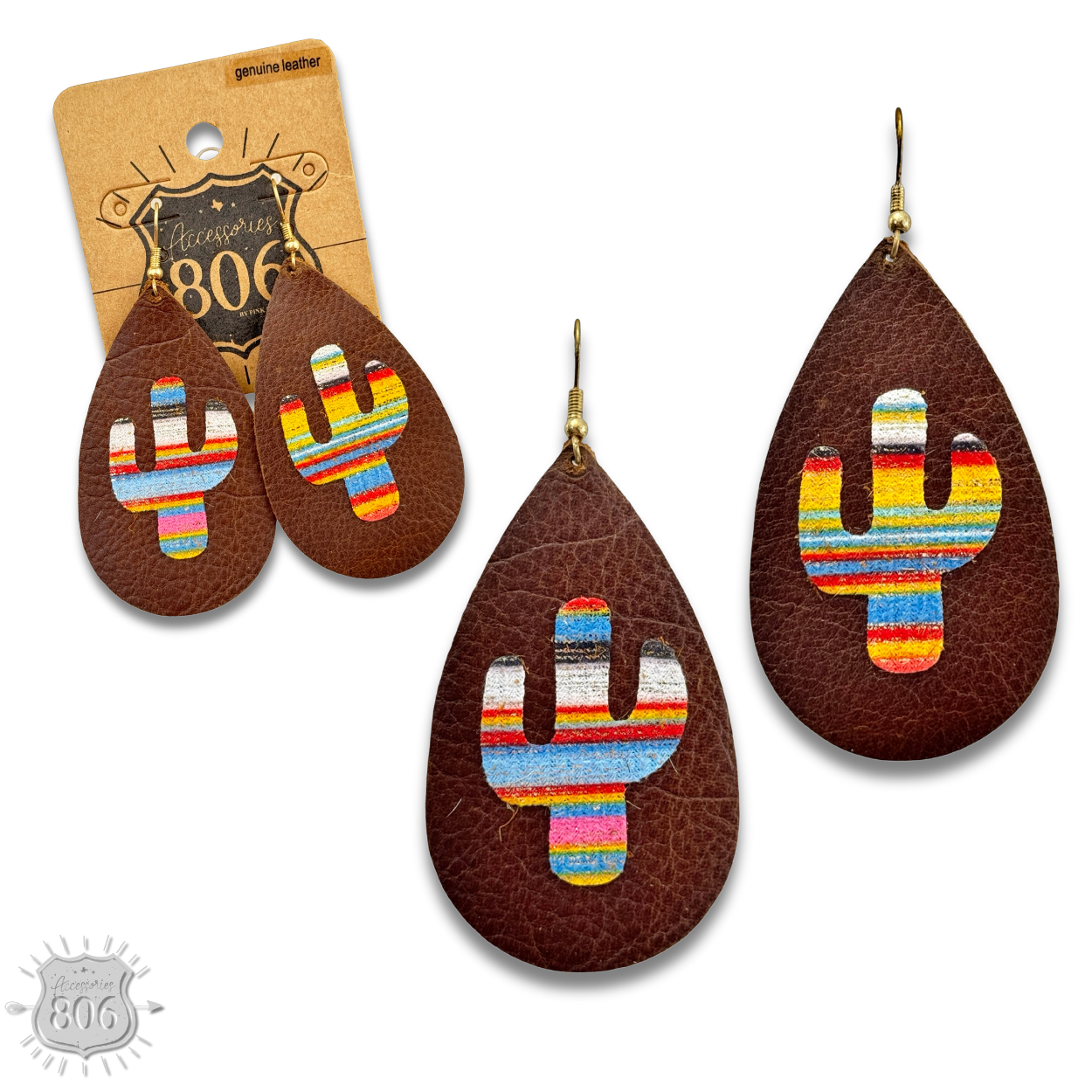 Brown cactus print teardrop earring