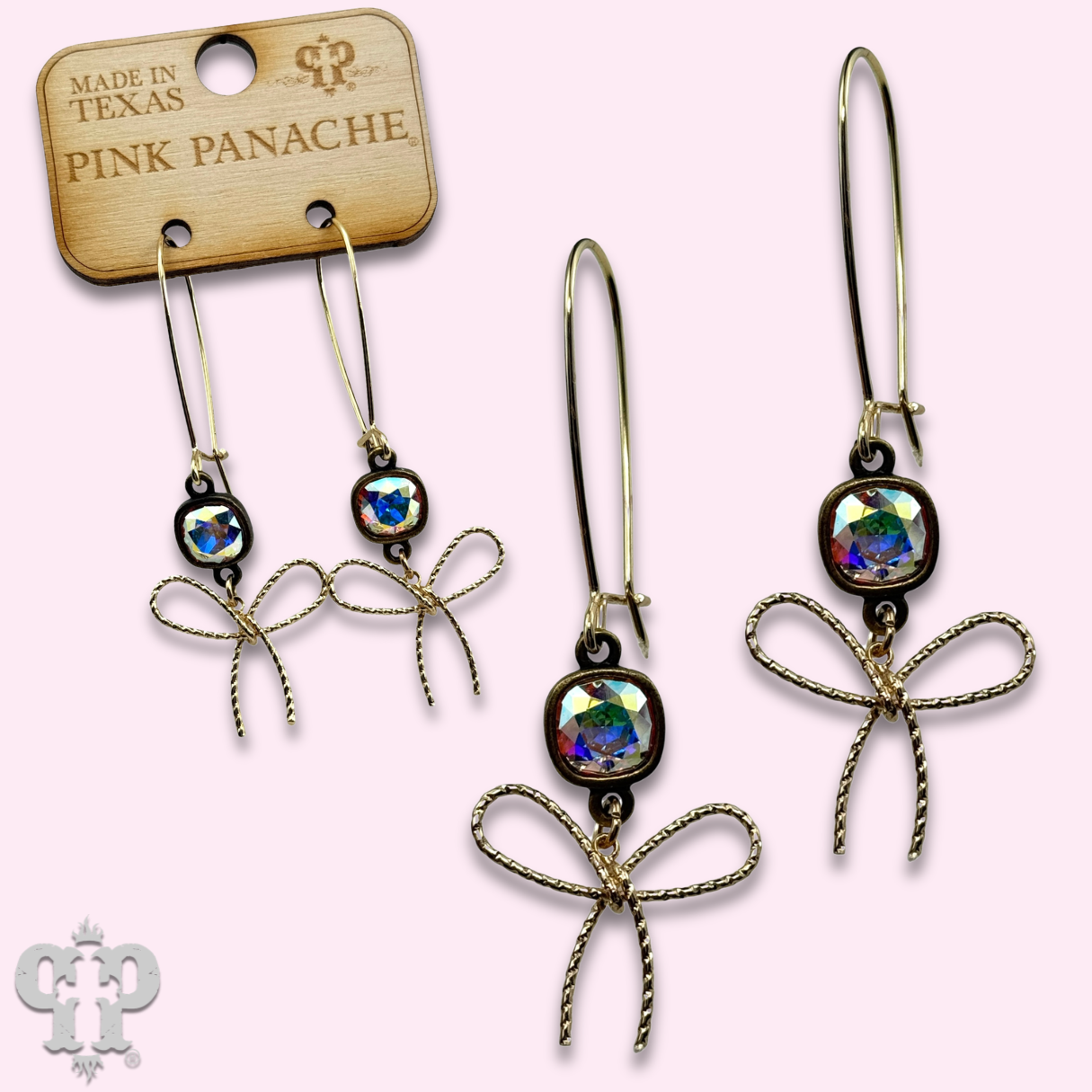 Textured bow earring, Austrian crystal