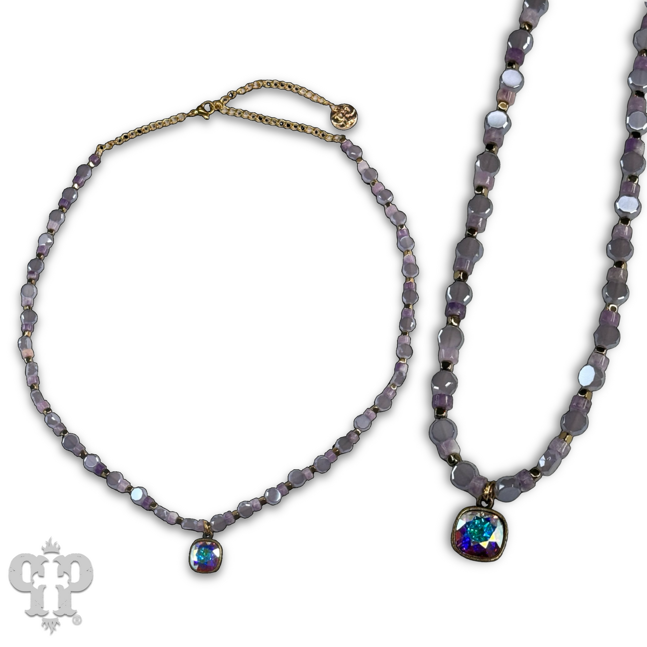 Lavender coinbead necklace with Austrian crystal