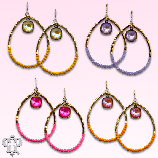 Square and seed bead teardrop earring, Austrian crystal