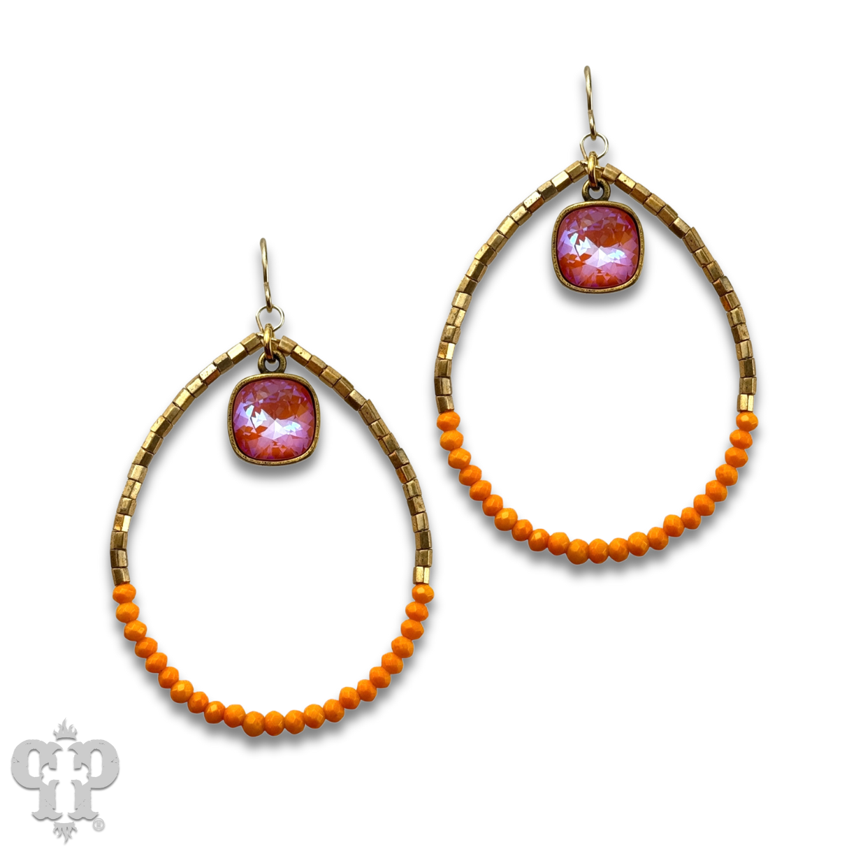 Square and seed bead teardrop earring, Austrian crystal