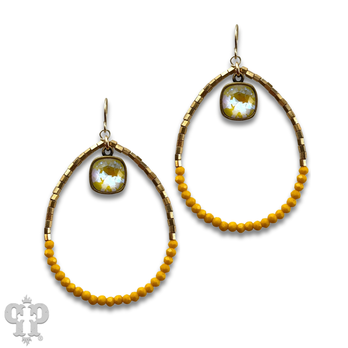 Square and seed bead teardrop earring, Austrian crystal