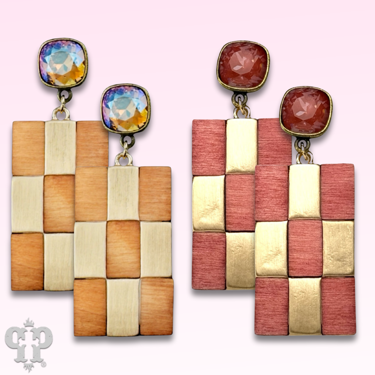 Checkerboard pattern dangle earring with Austrian crystal