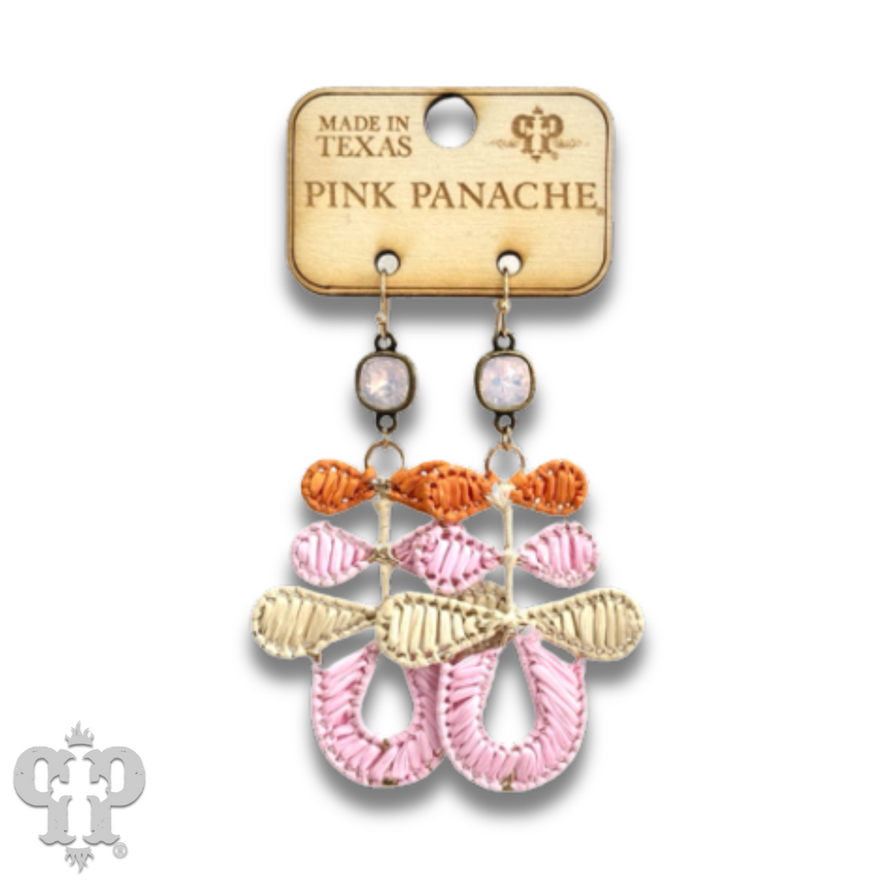 Three bow raffia dangle earring, Austrian crystal
