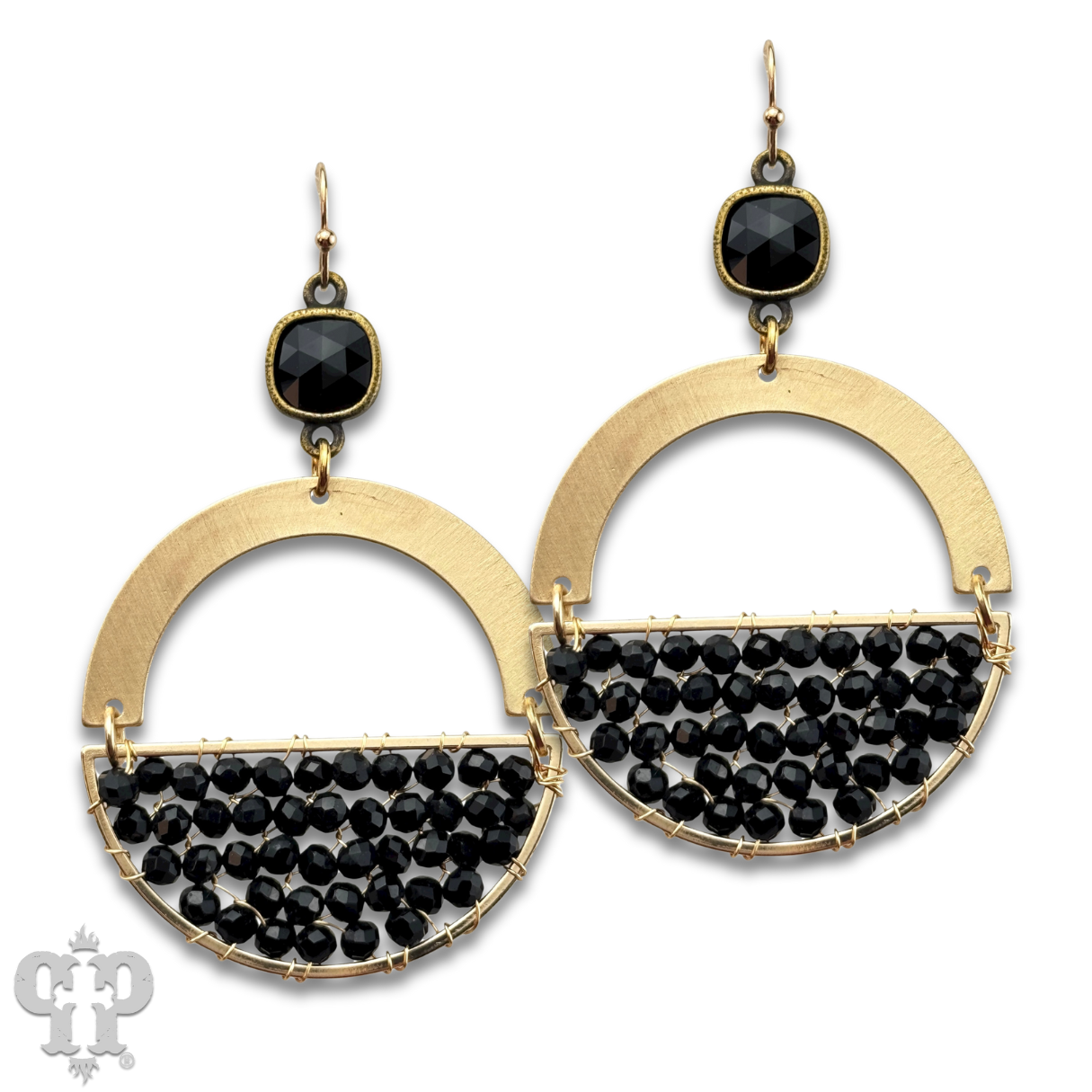Gold beaded half circle and Austrian crystal dangle earring